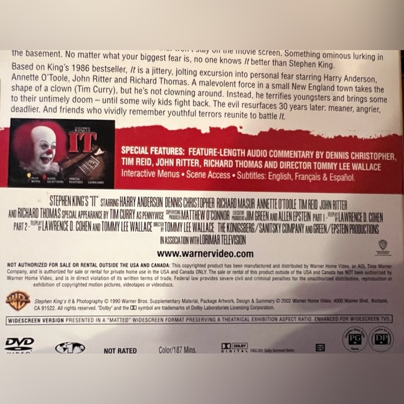 ‼️SOLD‼️ Steven King’s IT (DVD) - Warner Bros. Video Presents 🤡 - Picture 4 of 8